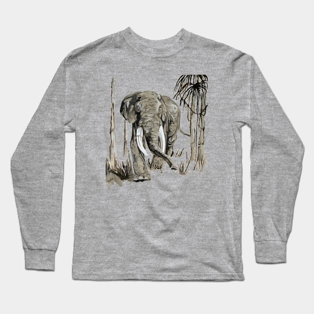 Elephant Art In Brown and Greige Vector Long Sleeve T-Shirt by taiche